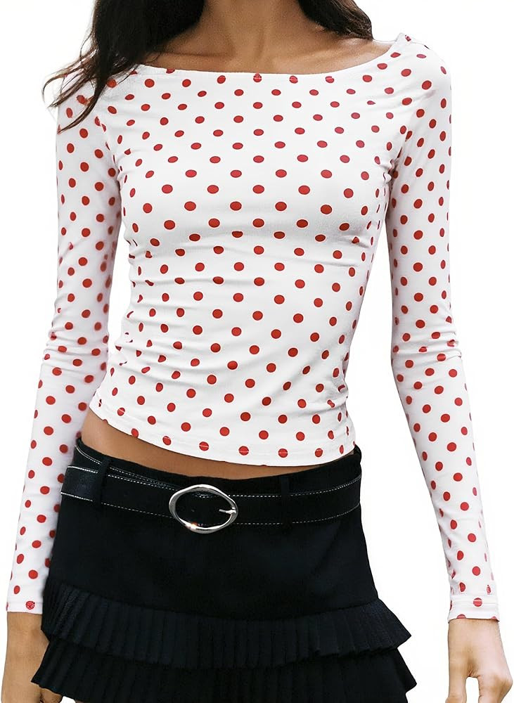 Women Y2K Long Sleeve T-Shirt Vintage Polka Dot Boat Neck Slim Fit Crop Top Spring Fall Going Out... | Amazon (US)