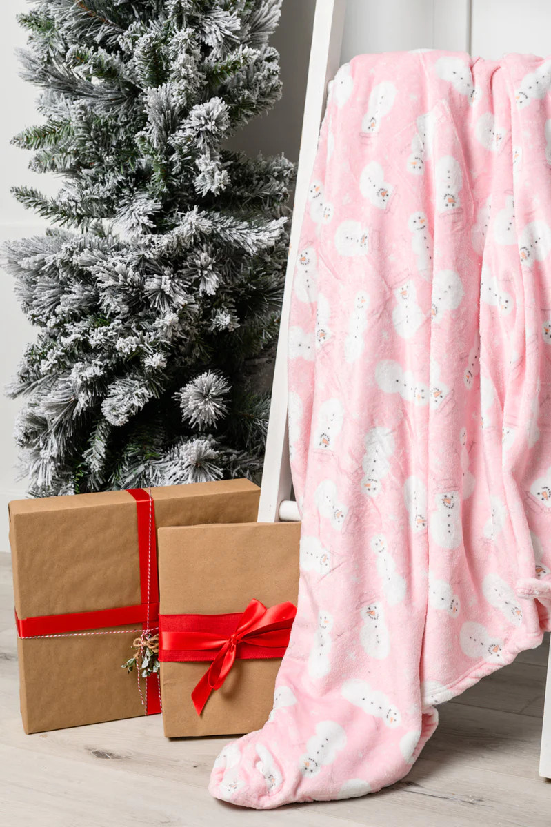 Holiday Fleece Blanket in Pink Snowman - Casual Chic Boutique | Casual Chic Boutique