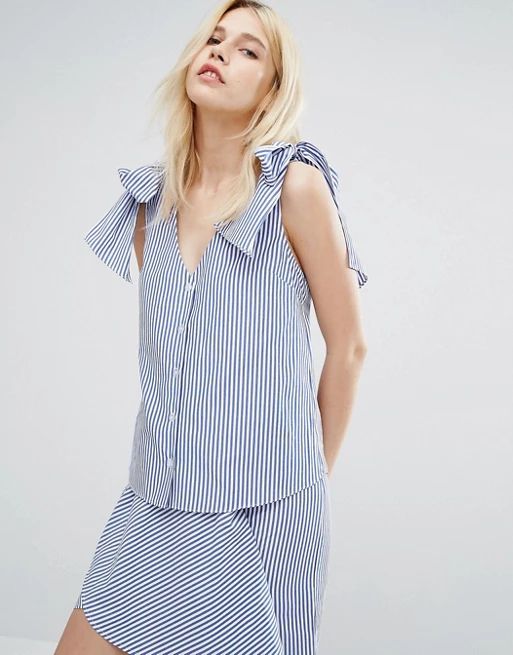 J.O.A V-Neck Blouse With Tie Shoulders In Fine Stripe | ASOS US