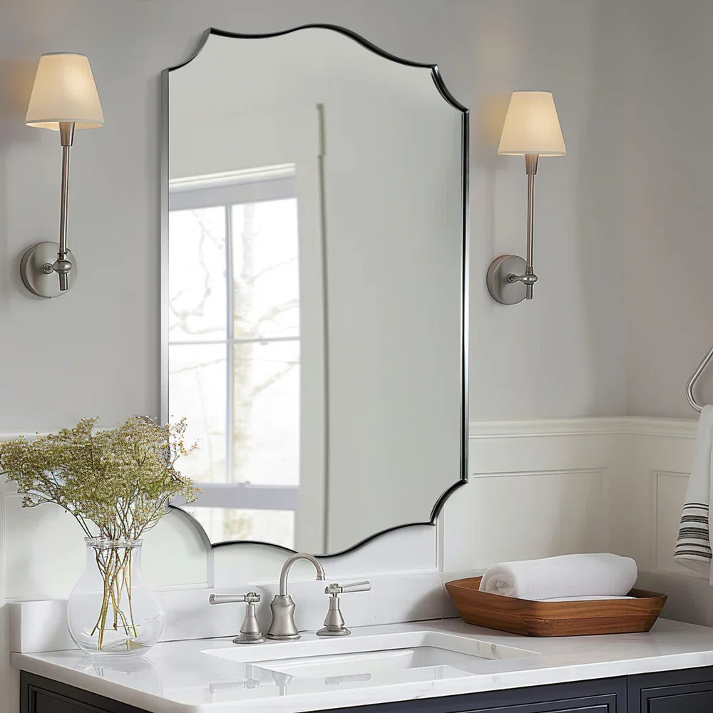 Anayalee Traditional Scalloped Rectangle Bathroom Vanity Mirror | Stainless Steel Frame | Wayfair North America