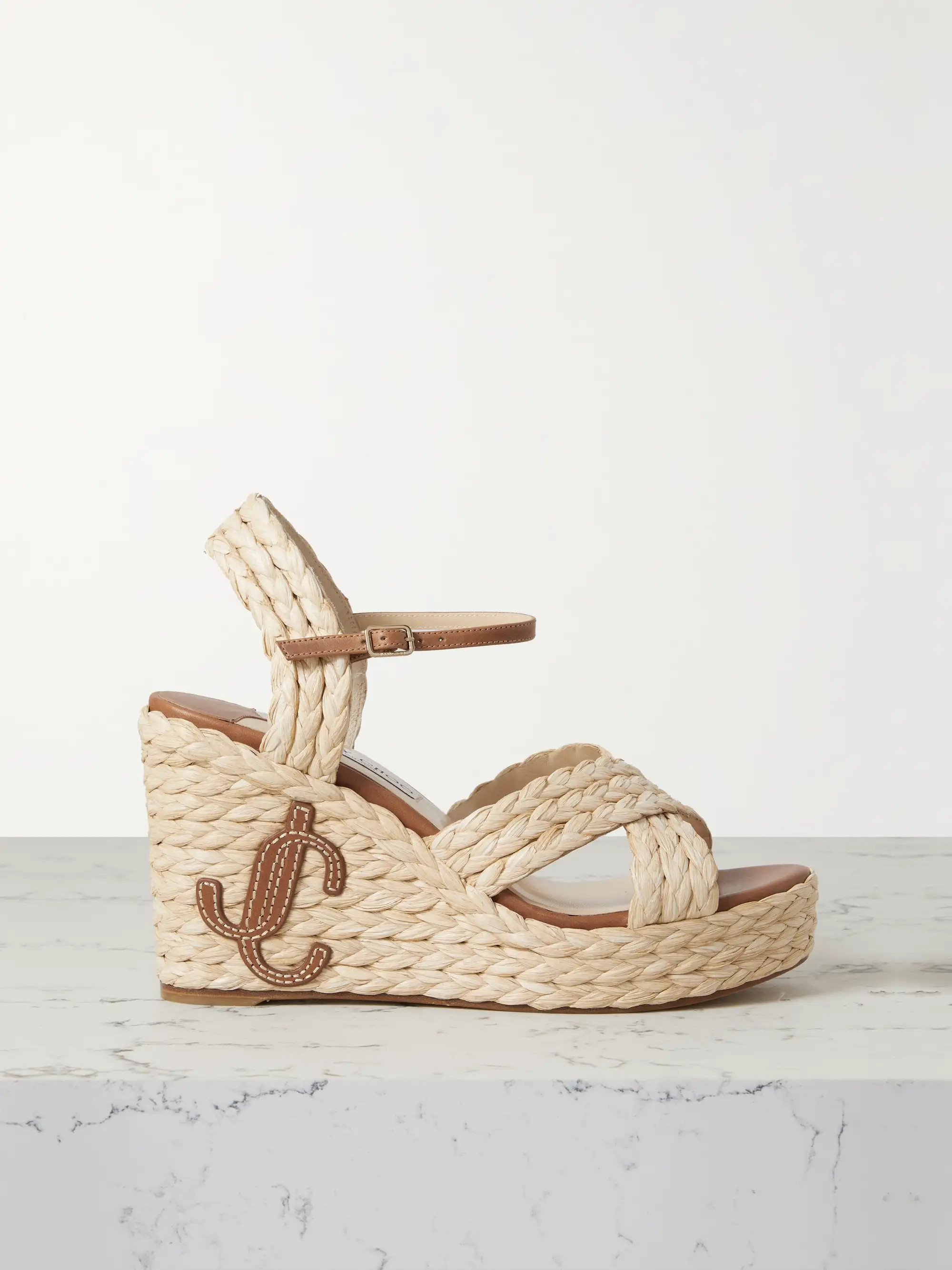 Dellena 100 logo-appliquéd leather-trimmed woven raffia espadrille wedge sandals | NET-A-PORTER (UK & EU)