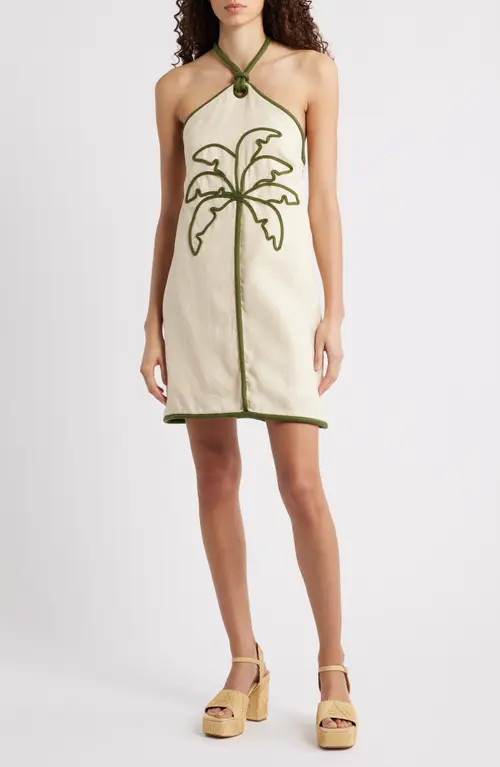 FARM Rio Coconut Contrast Piping Halter Minidress in Sand at Nordstrom, Size Medium | Nordstrom