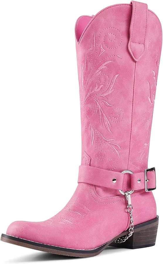 Cowboy Boots Embroidered Mid Calf Removable Belt Low Block Heel Round Toe Western Boots | Amazon (US)