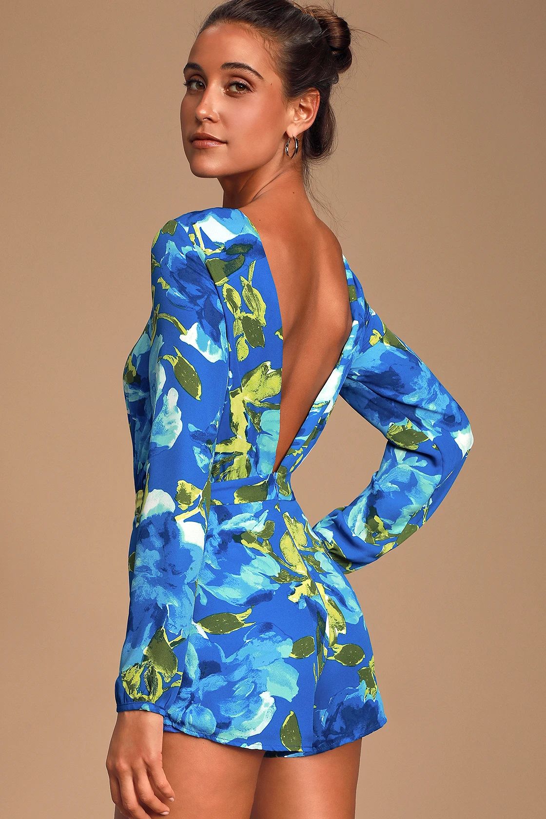 Sweetest Song Blue Floral Print Backless Long Sleeve Romper | Lulus (US)