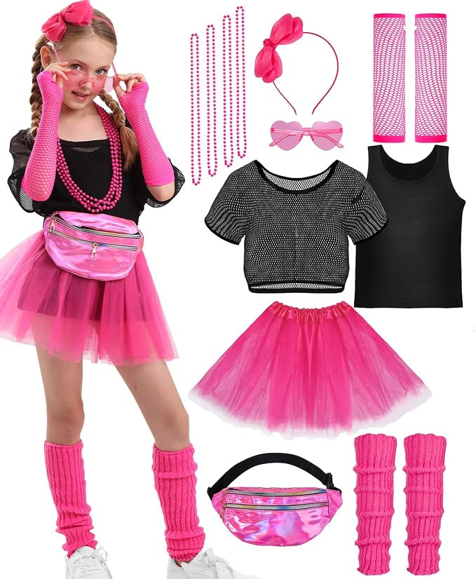 14PCS Girls 80s Costume Accessories Set for Halloween, Retro Party | Kids 80s Outfits for Hallowe... | Amazon (US)