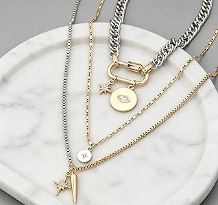 Gold Layered Necklaces for Women,Tone Mixed Necklace Chain,Chunky Paperclip Chain Silver Coin Pen... | Amazon (US)