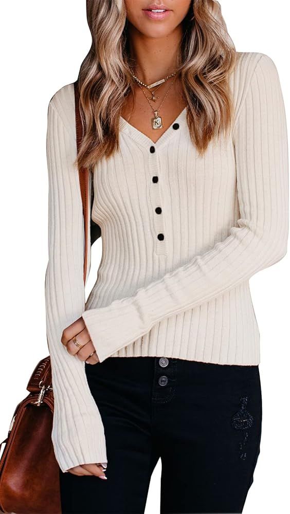 PRETTYGARDEN Long Sleeve Henley Shirts for Women - Button V Neck Basic Slim Fitted Ribbed Knit Tu... | Amazon (US)