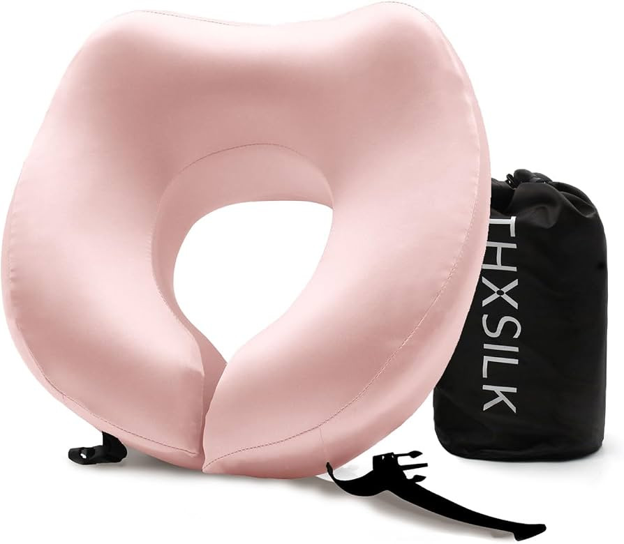 THXSILK 100% Mulberry Silk Neck Pillow for Traveling and Airplane, Memory Foam Travel Pillow for ... | Amazon (US)