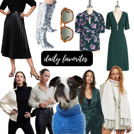 Daily Favorites 

Plus size fashion, plus size style, size 16 influencer, faux leather pleated skirt, silver sequin boots, brown sunglasses, koi fish blouse, green dress, cream scarf, green satin blazer, blue dog sweater, white blouse, colorblock sweater 

#LTKunder100 #LTKunder50 #LTKcurves