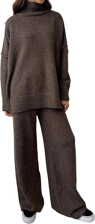 SHINFY Women's 2 Piece Outfit Fall Sweater Lounge Sets Mock Neck Knit Tops Wide Leg Pant Sweatsui... | Amazon (US)