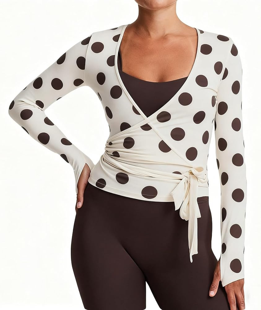 Women's Cross Wrap Top Shirt with Thumb Hole Cropped Long Sleeve Cover Up Top for Pilates Ballet ... | Amazon (US)