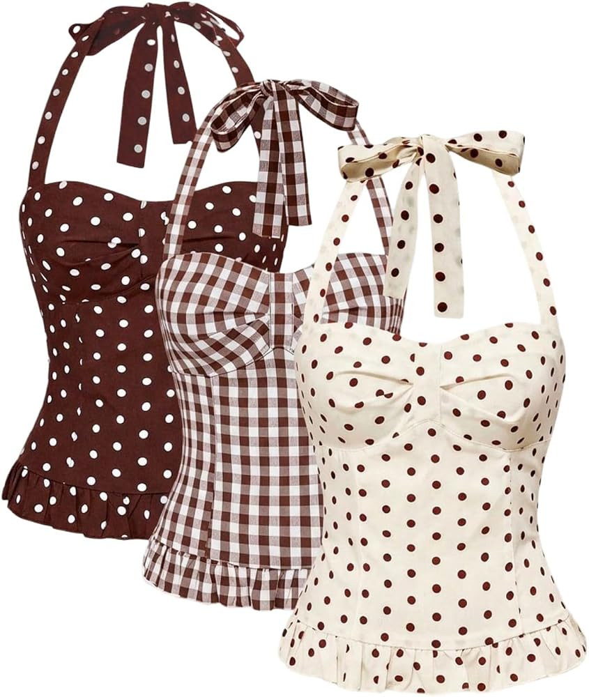 WDIRARA Women's 3 Pack Halter Tops Polka Dots Gingham Tie Backless Tank Top | Amazon (US)