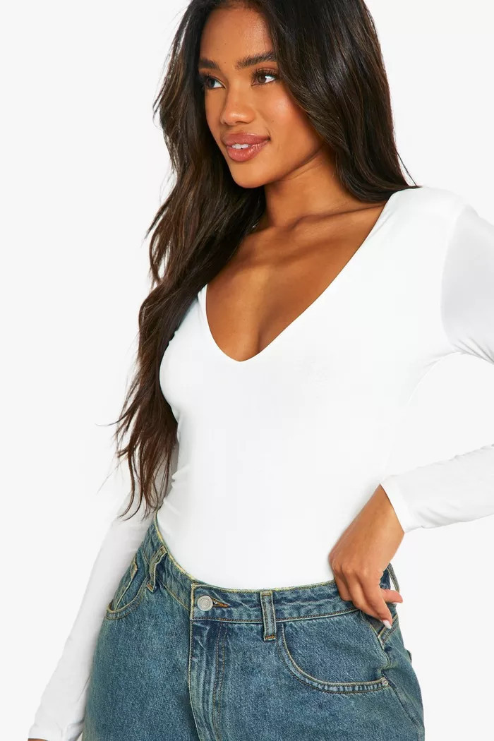 Slinky Plunge Front Long Sleeve Shoulder Pad Bodysuit | Boohoo.com (UK & IE)