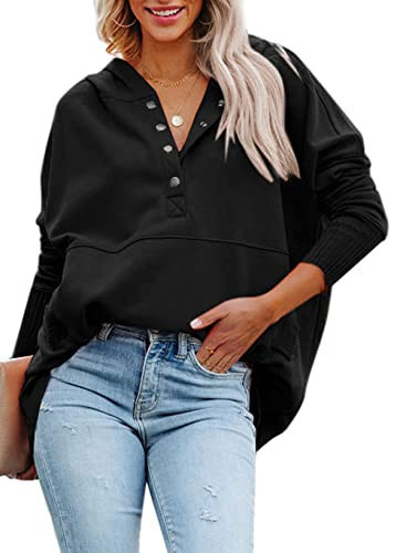 GLIENST Women Casual Henley Hoodie Oversize V Neck Long Sleeve Tunic Button Down Pullover Sweatshirt with Hood Plus Size Black 2X | Amazon (US)