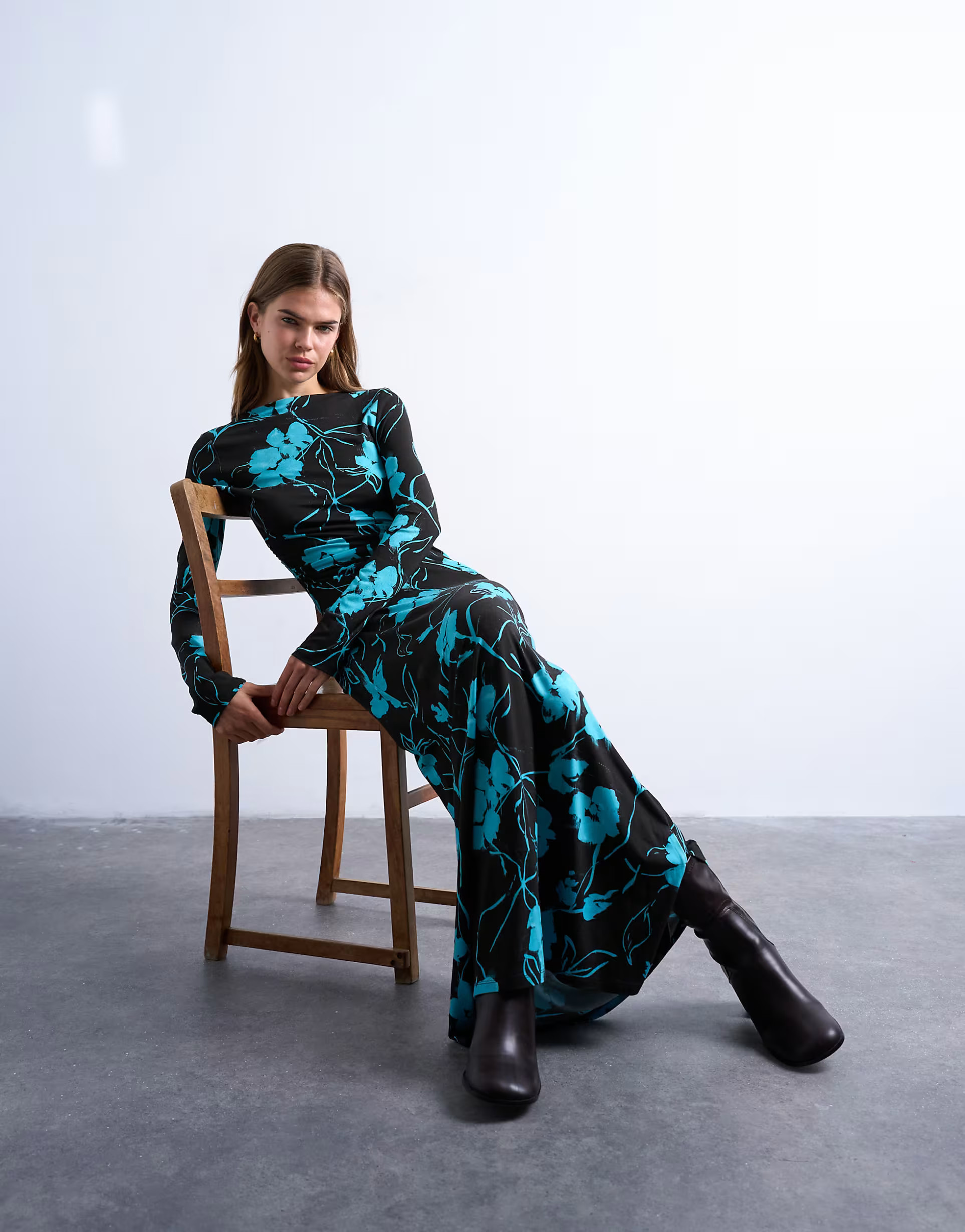 Topshop floral print slash neck long sleeve maxi dress in chocolate | ASOS (Global)