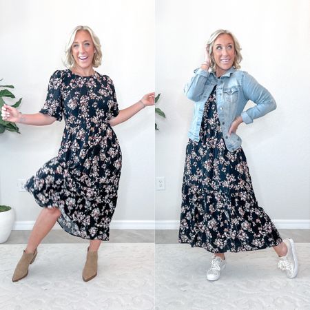 Midi dress - size small. $19.98. Lightweight, has pockets, and an open cut out in the back. Comes in two florals and a solid. 
Jean jacket - size small. $24.98. Has stretch.
Boots & sneakers tts  

#LTKunder50 #LTKSeasonal #LTKstyletip