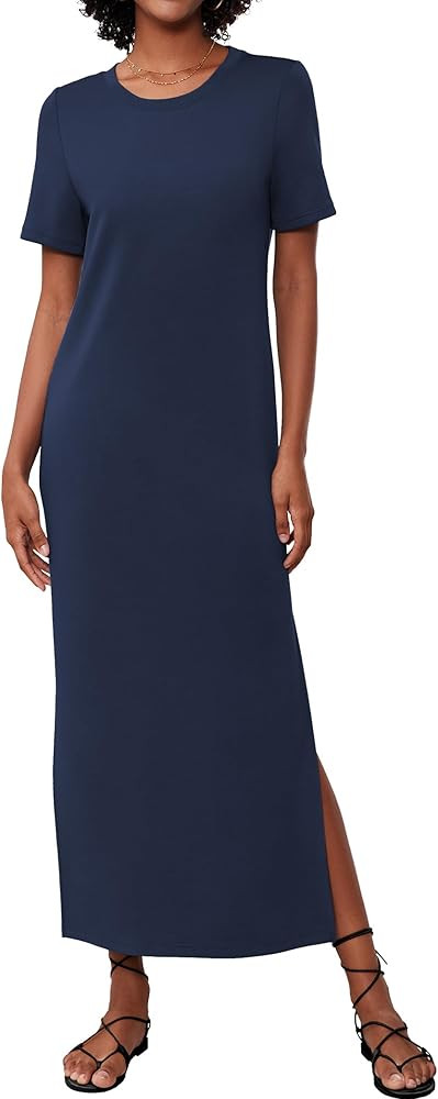 Women's Short Sleeve Double Split Maxi Dress 2024 Summer Casual Plain Striped Loose Long T Shirt ... | Amazon (US)