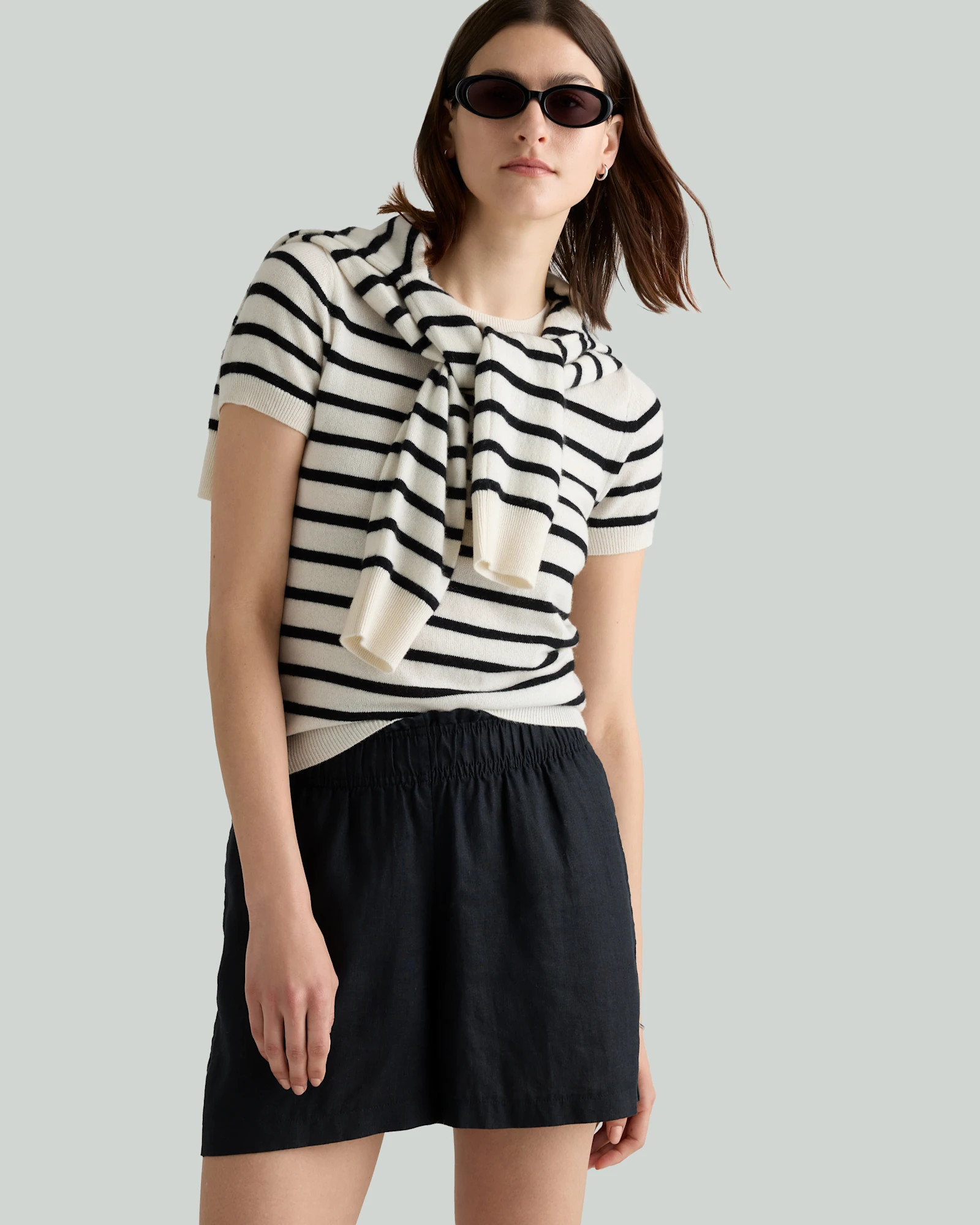 Quince | Women's Split Hem Turtleneck Sweater in Ivory/Black Stripe, Size XS, Organic Cotton | Quince