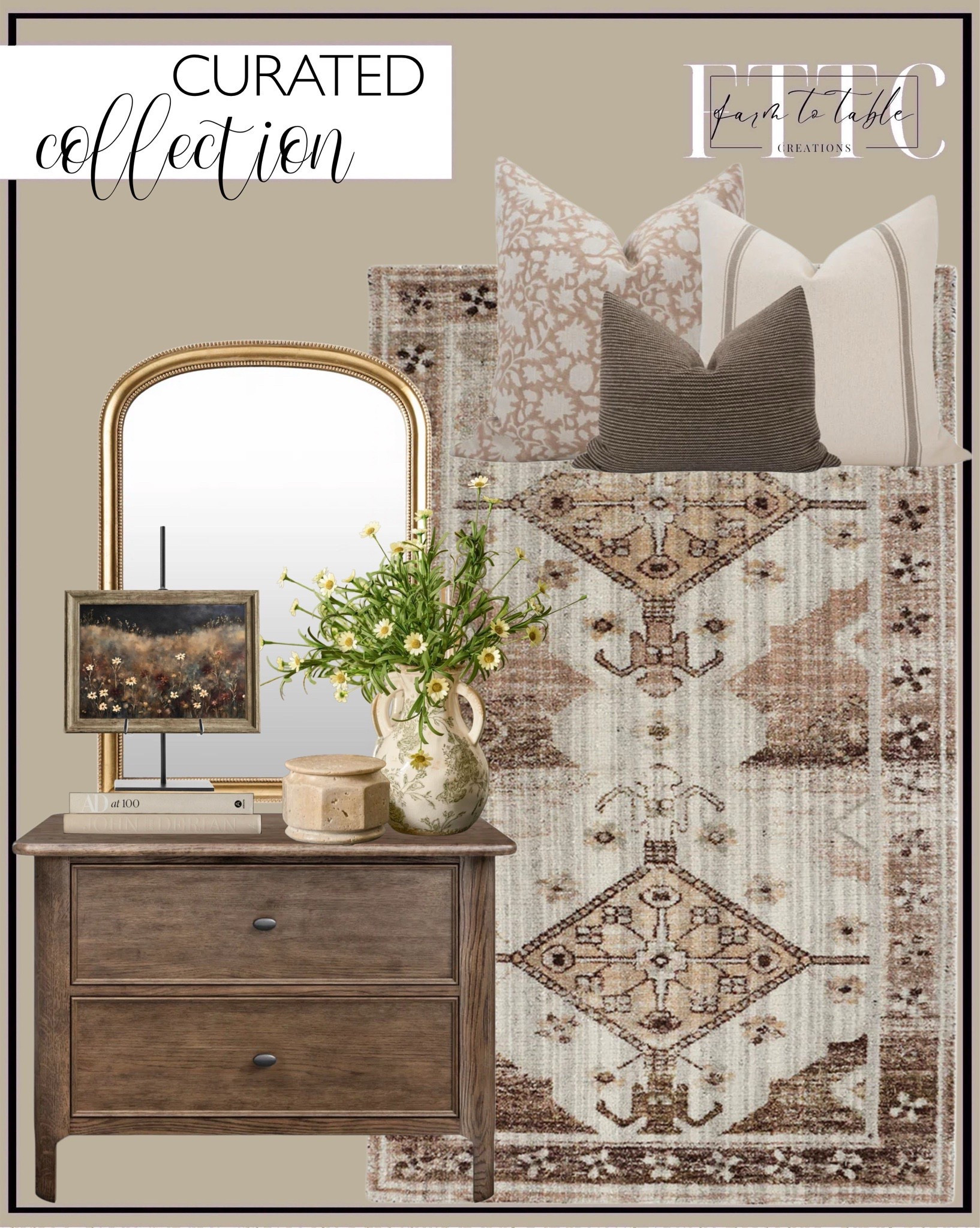 Curated Collection.  Follow @farmtotablecreations on Instagram for more inspiration.

Alma 36'' W Solid Wood Nightstand. Conway Handwoven Wool Rug. Green and White Distressed Vase with Handle. Travertine Canister. Set of 10 Artificial Daisy Flower Stems. Metal Easel. Claritha Mirror. Neutral Pillow Combo. Printable Wildflower Field Landscape Vintage Painting | Dark Muted Wildflower Wall Art. 

Console Table | Dining Room | Dining Room Artwork | Bathroom Finds | Bedroom Finds | Bedroom Furniture | nightstands | Home Decor| Fireplace Decor | Spring Refresh |  Bedroom Finds | Neutral Stems | Spring Stems | Bookshelf Decor | Bedroom Space | Cozy  Corner | Bathroom | Curated Entryway | Spring  Decor | End of Year Clearance | Trending Decor | Viral Decor  | Coffee Table Decor | Neutral Decor | Fall Stem Sale | Target Finds | Skinny Bench | Bedroom | Living Room | Breakfast Nook | Amazon Home | Target Sale | Loloi Rugs | Magnolia Home | console table | console table styling | faux stems | entryway space | front porch decor | neutral decor | entryway decor | cozy home | affordable decor |  home decor | home inspiration | console styling | entryway rug | cozy moody home | moody home decor | neutral home | bathroom decor | living room | spring decor | Hearth & Hand | Studio McGee | 2025 Home Trends | trending home 

#LTKSaleAlert #LTKHome #LTKFindsUnder50