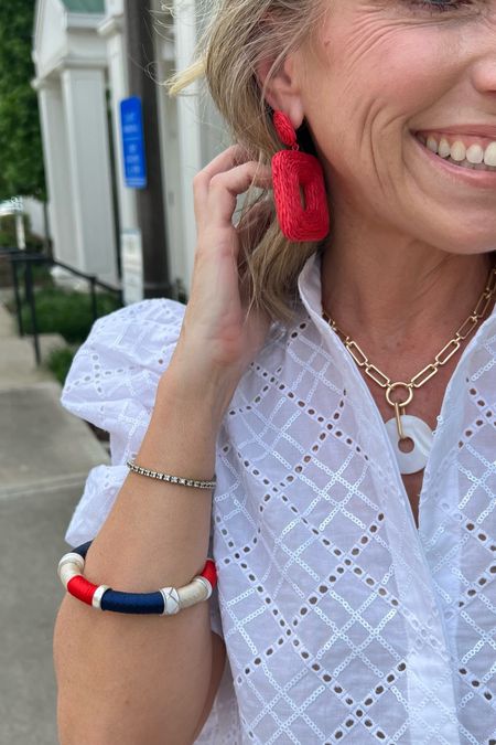 Red, white and blue!!!
Earrings are super lightweight 
Bracelet runs BIG 
Necklace is part of a 3 piece set 

#LTKstyletip #LTKSeasonal #LTKsalealert