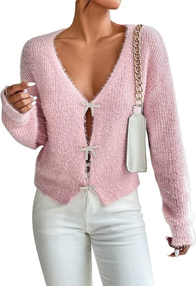 MakeMeChic Women's Rhinestone Bow Fuzzy Knit V Neck Cardigan Sweater Pink L | Amazon (US)