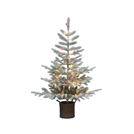 4.5' Pre-Lit Fir Green Flocked Artificial Potted Christmas Tree with Color Caps and Shimmer Glo LED Lights, by Holiday Time | Walmart (US)