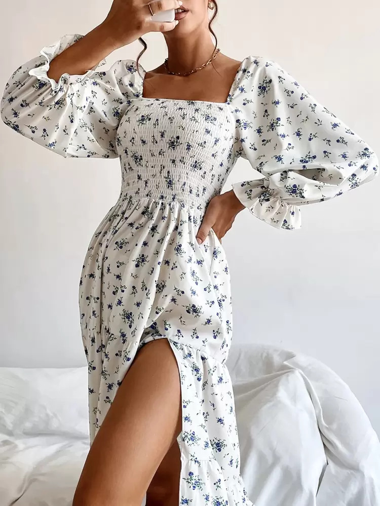 Allover Floral Print Shirred Ruffle Hem Flounce Sleeve Slit Thigh Dress | SHEIN