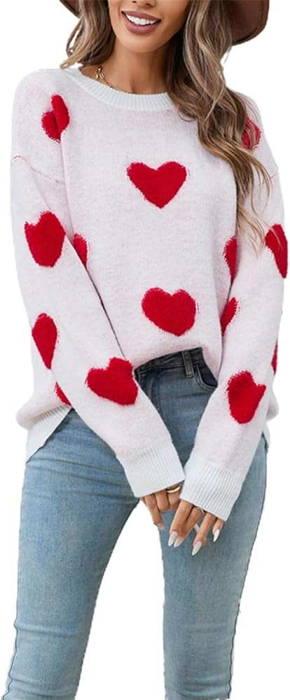 Women Valentines Day Sweater Cute Heart Print Oversized Long Sleeve Crew Neck Knitwear Pullover T... | Amazon (US)
