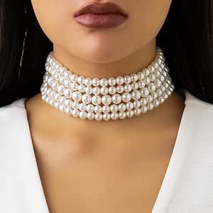 Octwine Boho Round Imitation Pearl Choker Necklace Multi Strands Vintage Choker Bridal Wedding Cr... | Amazon (US)