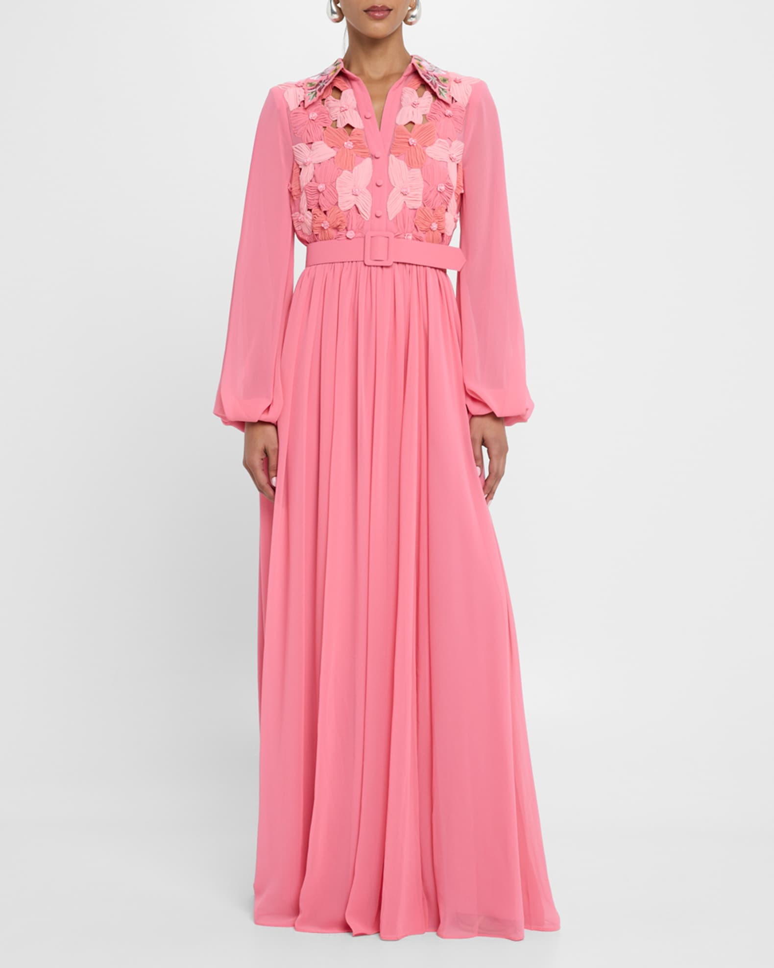 Badgley Mischka Collection Belted Floral-Embroidered Shirt Gown | Neiman Marcus