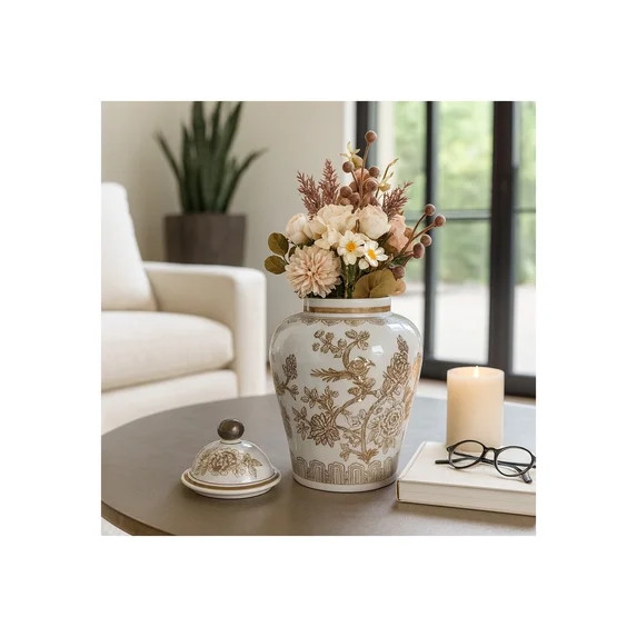 Decorative Chinoiserie Temple Jar for Living Room Decor - Ceramic Flower Vase with Lid for Home, ... | Walmart (US)