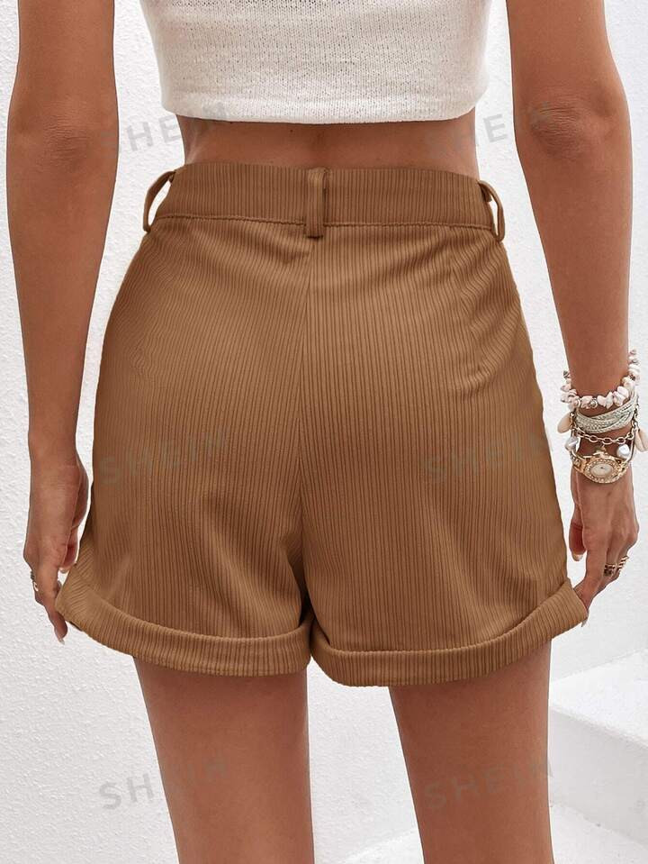 SHEIN Essnce High Waist Roll Up Hem Corduroy Shorts | SHEIN