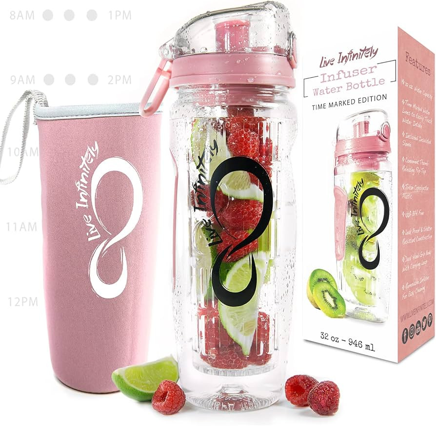 Live Infinitely 32 oz. Fruit Infuser Water Bottles With Time Marker, Insulation Sleeve & Recipe e... | Amazon (US)