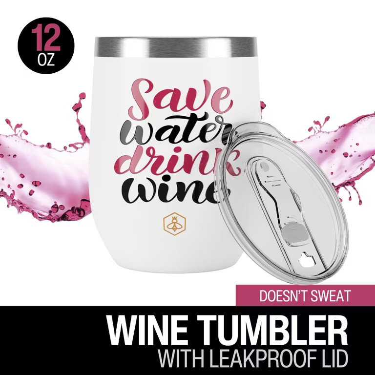 Biddlebee 12oz Insulated Stainless Steel Stemless Wine Tumbler, Save Water Drink Wine | Walmart (US)