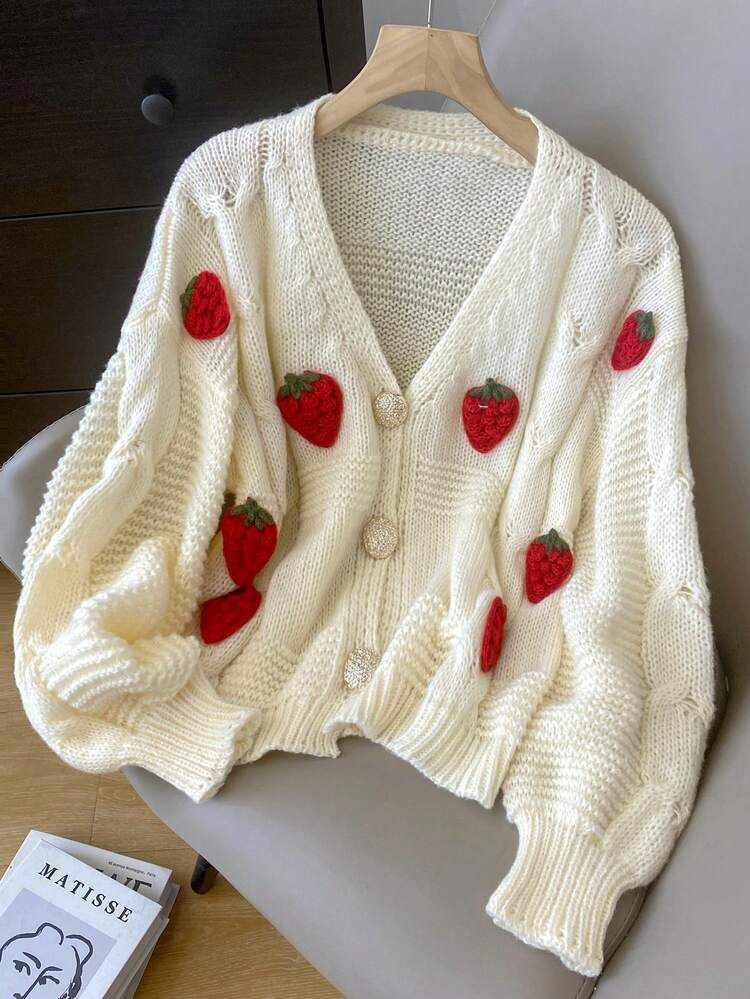 JIANHU V-Neck Hollow Three-Dimensional Decoration Cute Style Cardigan | SHEIN