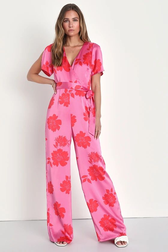 Sleek Desires Pink Floral Satin Split Sleeve Wide-Leg Jumpsuit | Lulus (US)