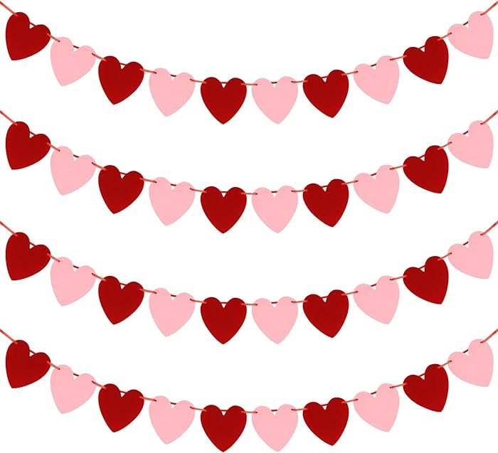 40PACK Heart Valentine Decorations, 4PCS Valentines Garland, Pink Red Valentines Day Banner, Felt... | Amazon (US)