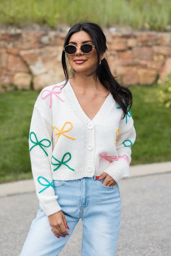 Sittin' Pretty Ivory Multi Bow Applique Cardigan | Pink Lily