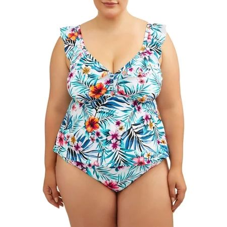 Women's Plus Tropical Rainforest Ruffle Tankini Swimsuit Top | Walmart (US)