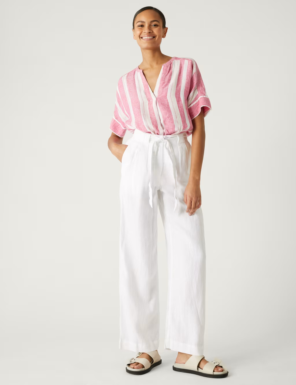 Pure Linen Belted Wide Leg Trousers | Marks & Spencer (UK)