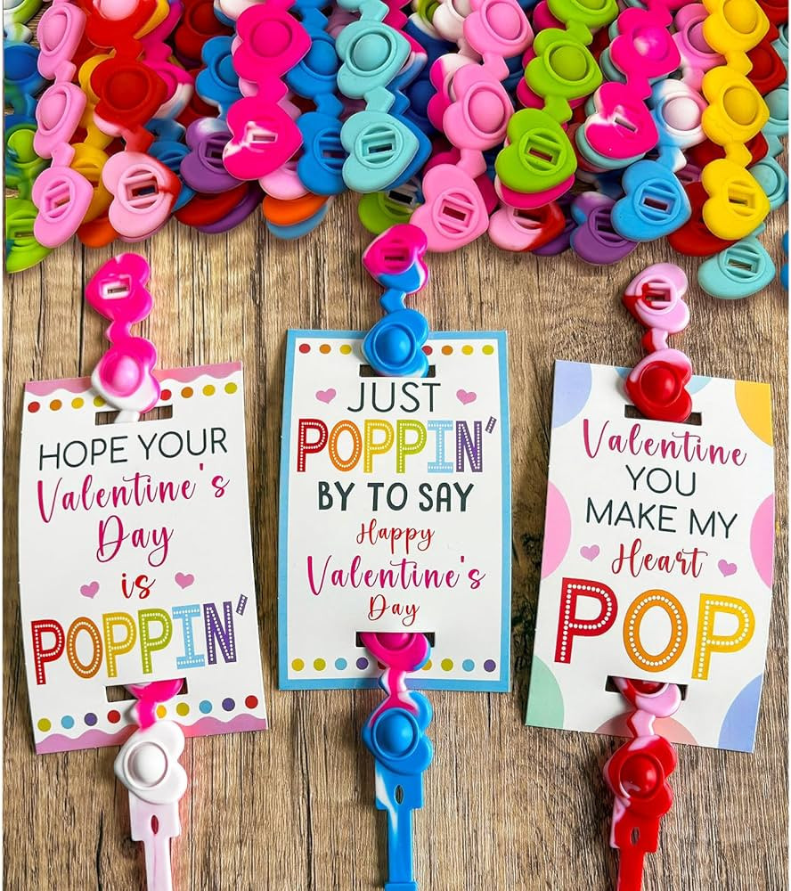 Valentines Day Gifts for Kids - Set of 24 Valentine Cards with Heart Pop Bracelets - Bulk Sensory... | Amazon (US)
