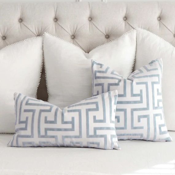 Ming Trail Velvet Light Blue and White Designer Pillow Cover - Etsy | Etsy (US)