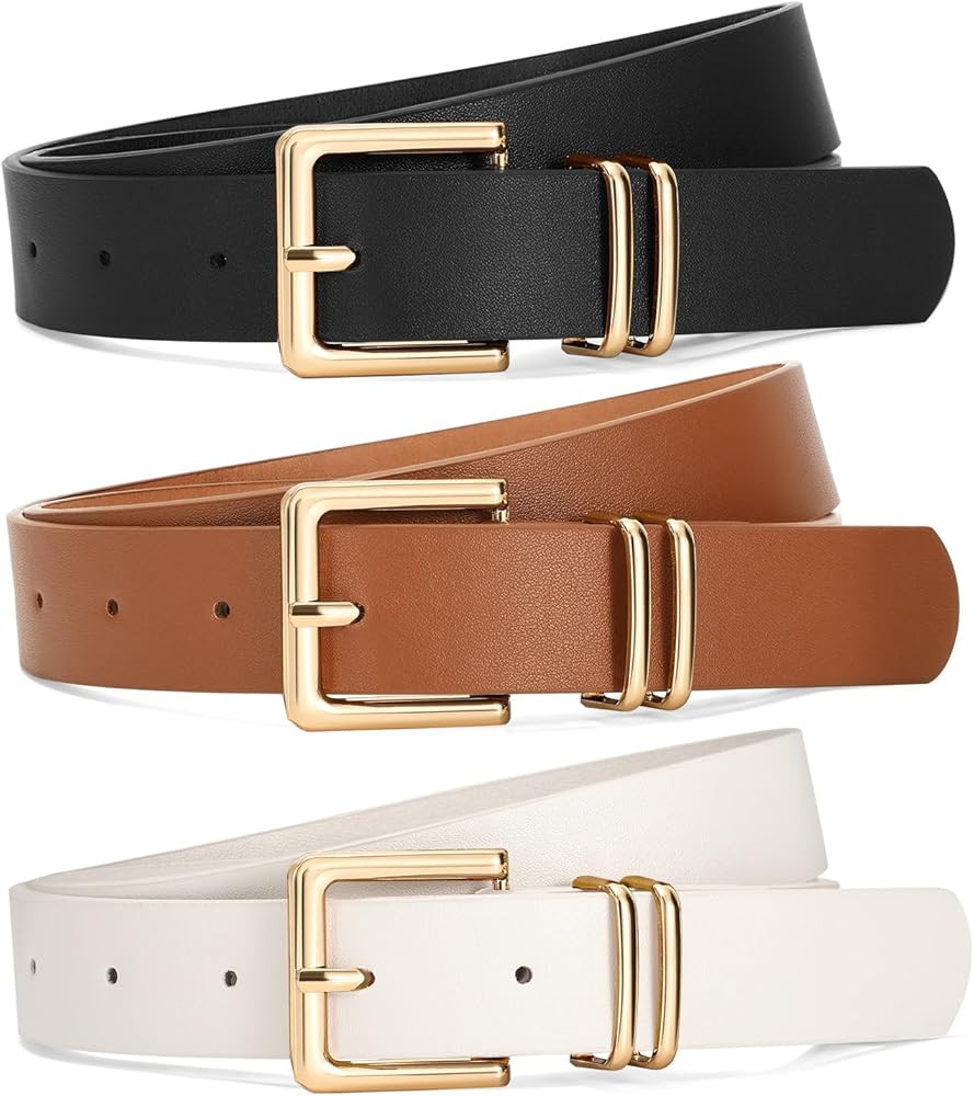 SANSTHS 3 PACK Women Leather Belts for Jeans Pants Dresses Fashion Ladies Waist Belt with Gold Sq... | Amazon (US)