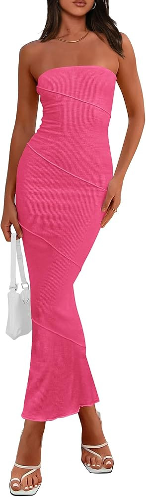 PRETTYGARDEN Women's Ribbed Maxi Bodycon Dress Summer Strapless Tube Y2K Party Club Long Dresses | Amazon (US)