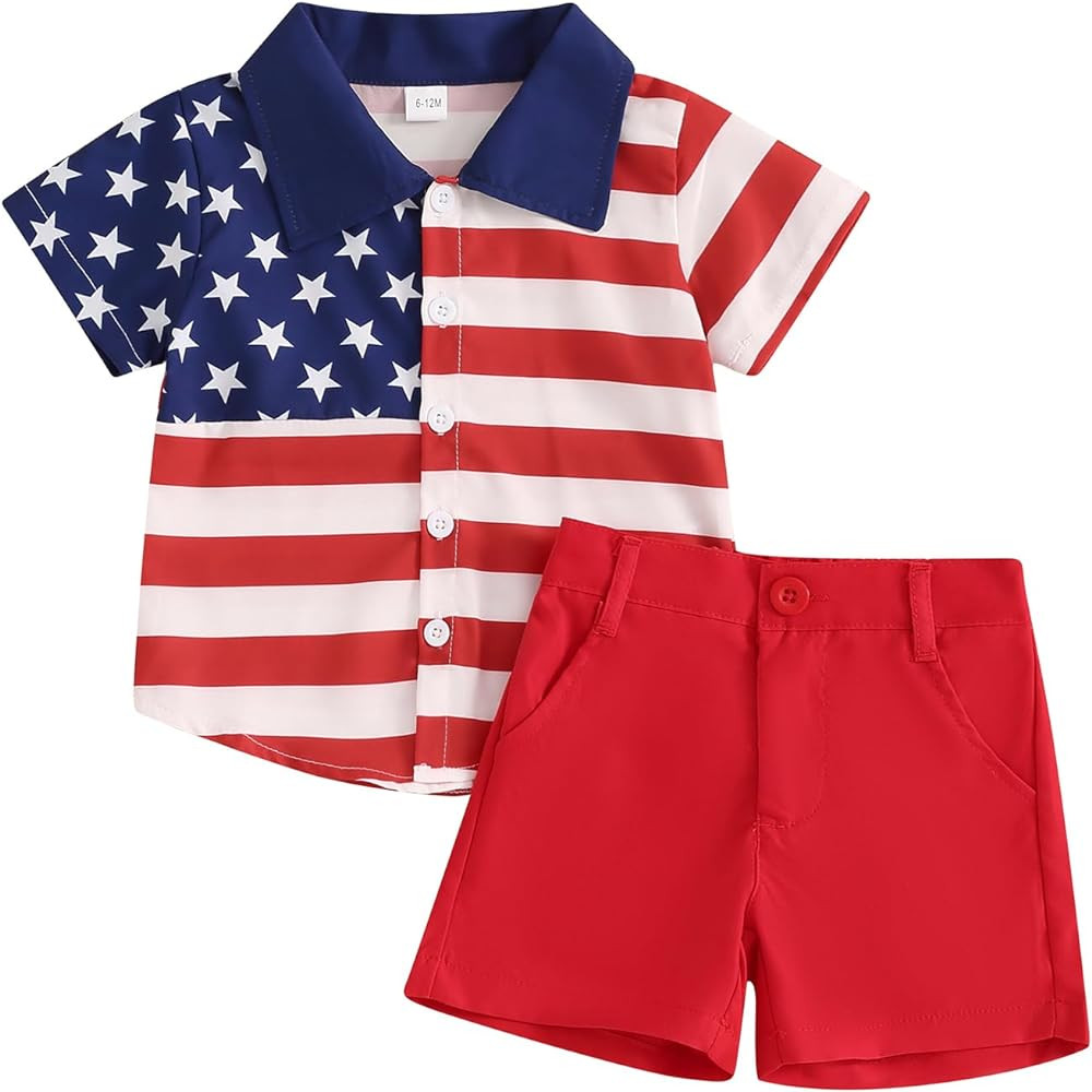 FYBITBO Toddler Baby Boy 4th of Outfits Gentleman Short Sleeve Button Down Shirt Dress Shorts Fou... | Amazon (US)