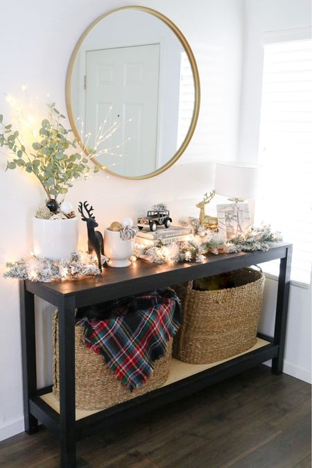 Christmas decor, Black and gold Christmas décor, flocked garland on console table, black reindeer figurine

#LTKunder100 #LTKhome #LTKHoliday