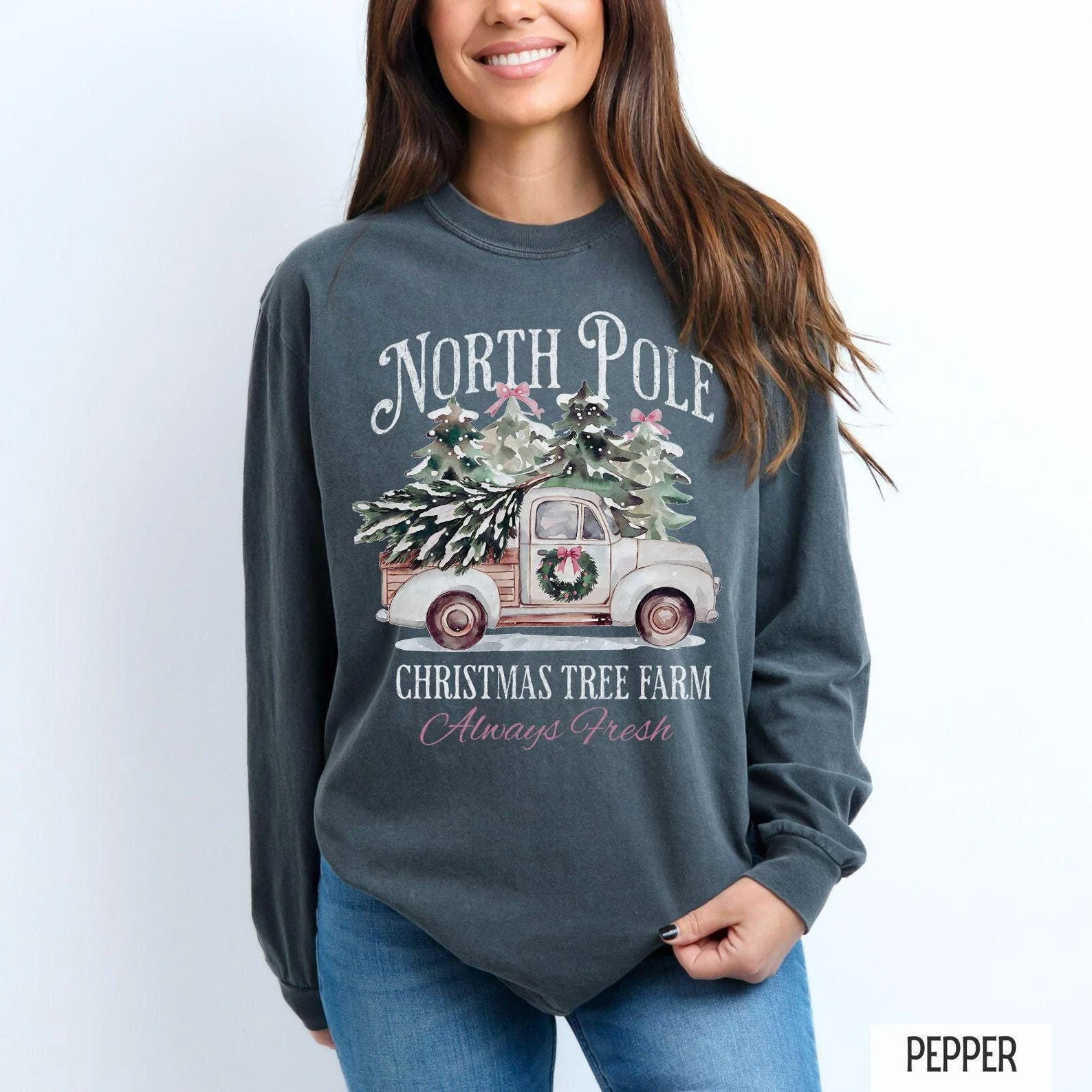 Comfort Colors® North Pole Christmas Tree Farm Shirt, Farm Fresh Christmas Trees Long Sleeve Shi... | Etsy (US)