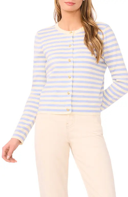 halogen(r) Stripe Crewneck Cardigan in Berry Blue Heather at Nordstrom, Size Large | Nordstrom