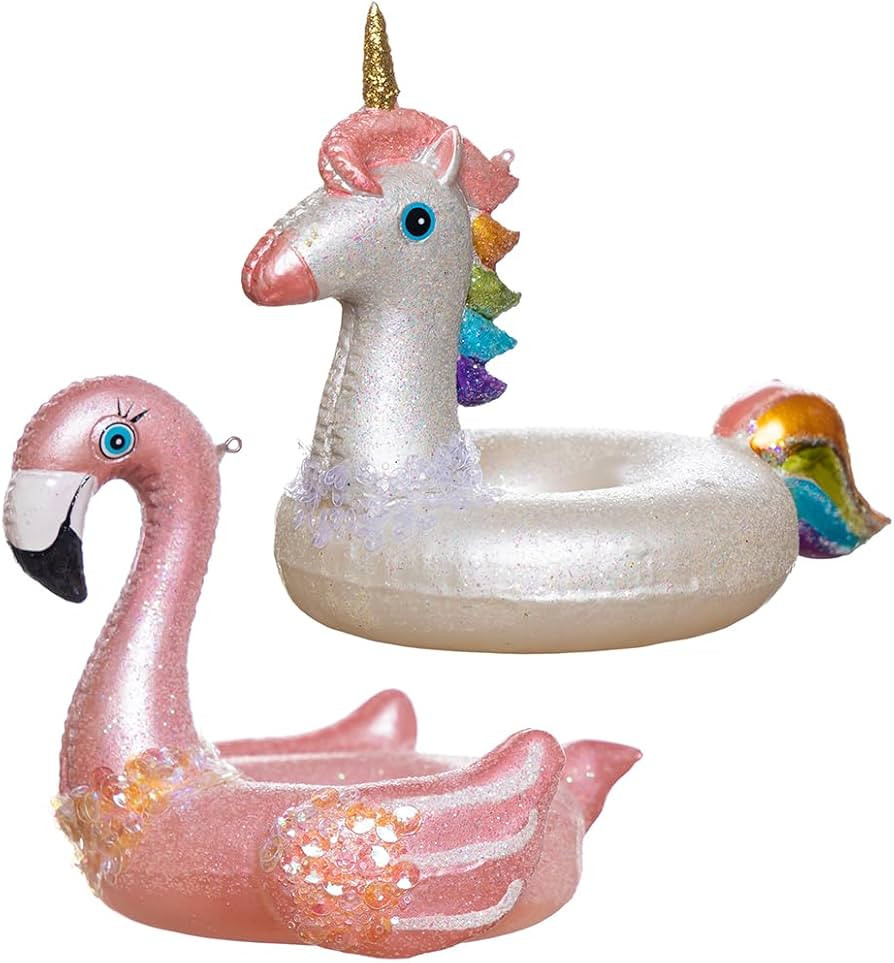 Set of 2 Cute Hand Blown Glass Pink Flamingo Pool Float Christmas Ornaments and Unicorn Pool Floa... | Amazon (US)
