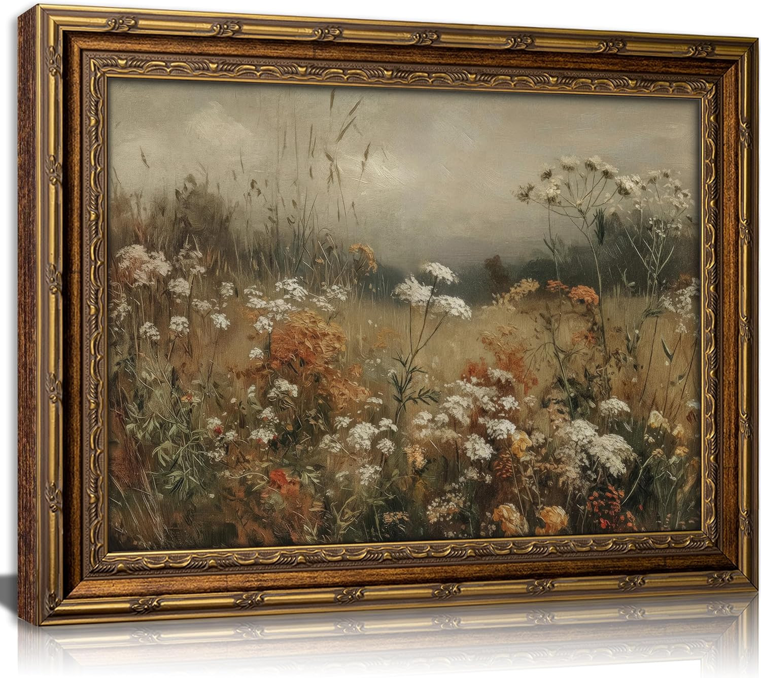 Vintage Gold Framed Wildflower Meadow Wall Art, Dark Academia Moody Floral Painting Canvas Prints, Rustic Nature Botanical Floral Wall Decor, Cottagecore Neutral Landscape Poster Artwork for Bedroom Living Room,9x11in | Amazon (US)